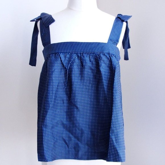 J Crew Tie Shoulder Silk Top Polka dot Navy Blue White Tank Cami Zip Bow 12 - Picture 6 of 16